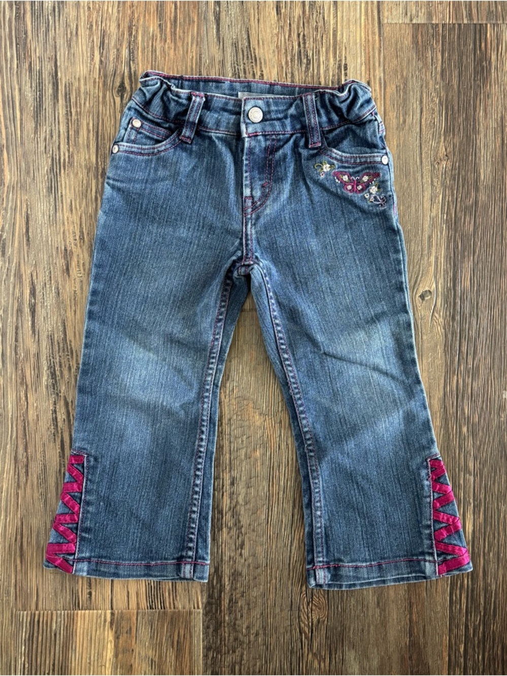 Levis Blue Denim Jeans Girls 3T Pink Stitching Crisscross Butterfly Embroidered - Picture 2 of 11